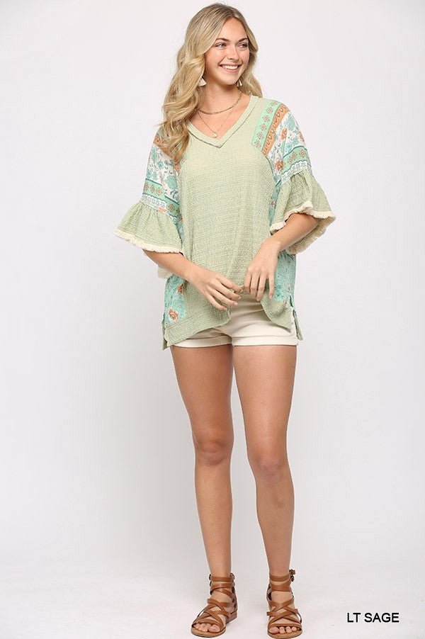 Texture Knit And Print Mixed Hi Low Hem Top - Passion 4 Fashion USA