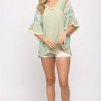 Texture Knit And Print Mixed Hi Low Hem Top - Passion 4 Fashion USA