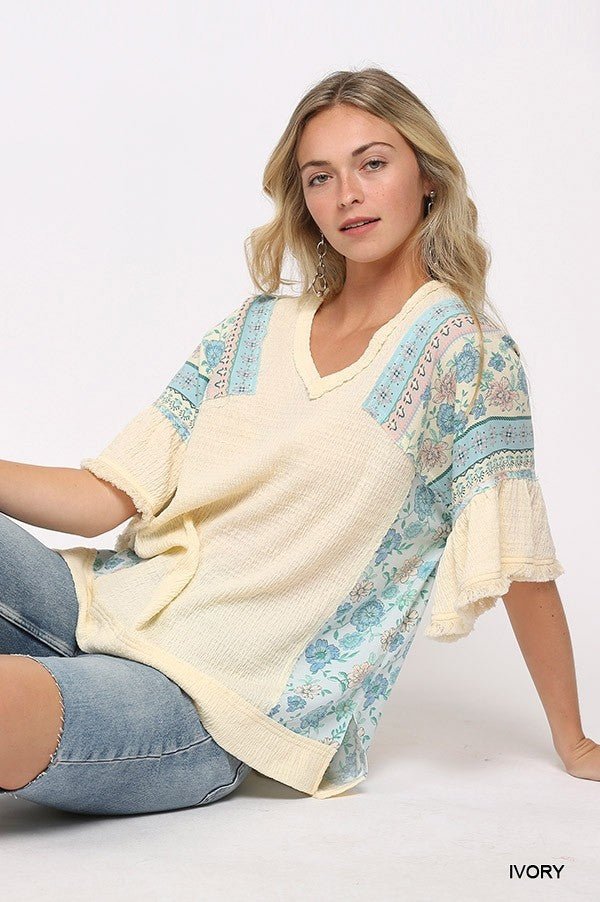 Texture Knit And Print Mixed Hi Low Hem Top - Passion 4 Fashion USA