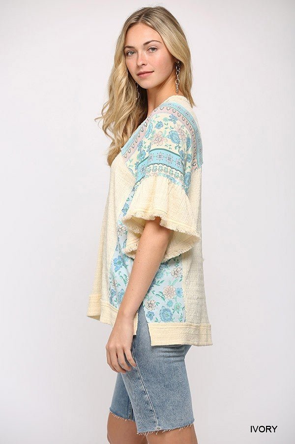 Texture Knit And Print Mixed Hi Low Hem Top - Passion 4 Fashion USA