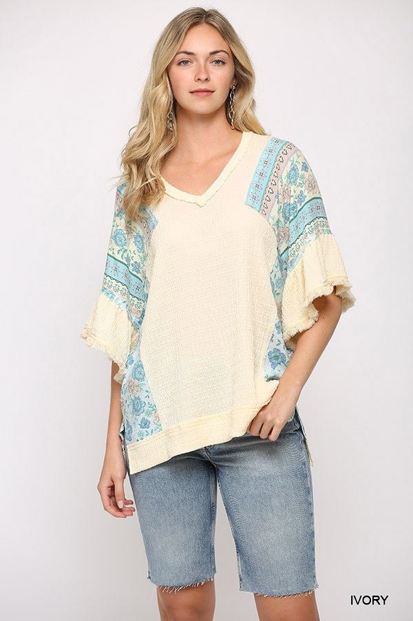 Texture Knit And Print Mixed Hi Low Hem Top - Passion 4 Fashion USA