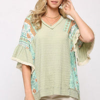 Texture Knit And Print Mixed Hi Low Hem Top - Passion 4 Fashion USA