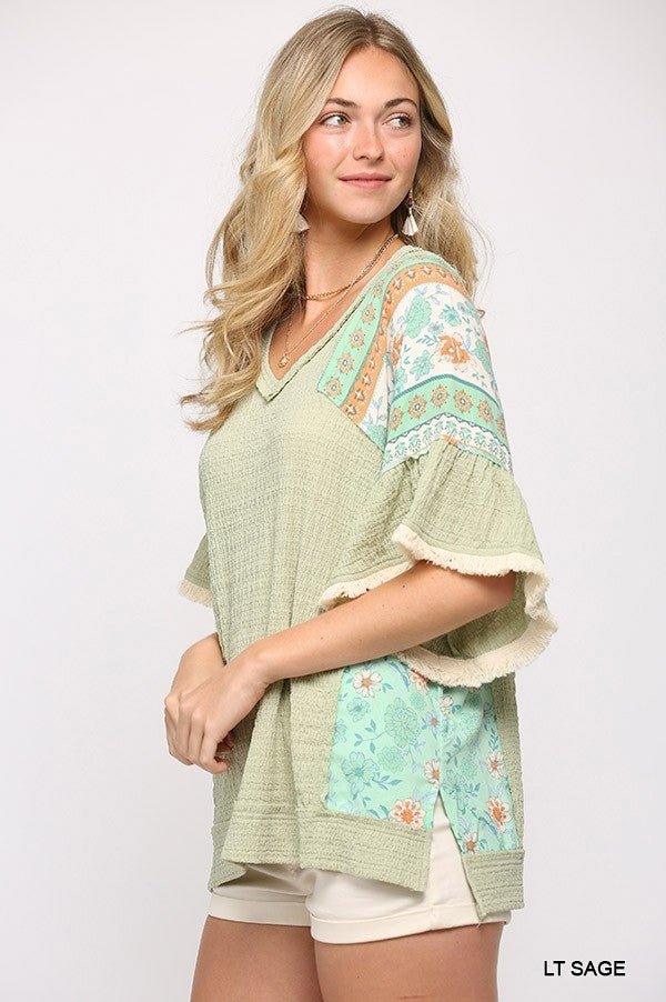 Texture Knit And Print Mixed Hi Low Hem Top - Passion 4 Fashion USA