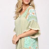 Texture Knit And Print Mixed Hi Low Hem Top - Passion 4 Fashion USA