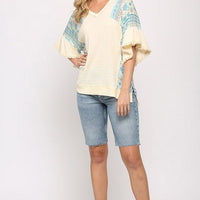 Texture Knit And Print Mixed Hi Low Hem Top - Passion 4 Fashion USA