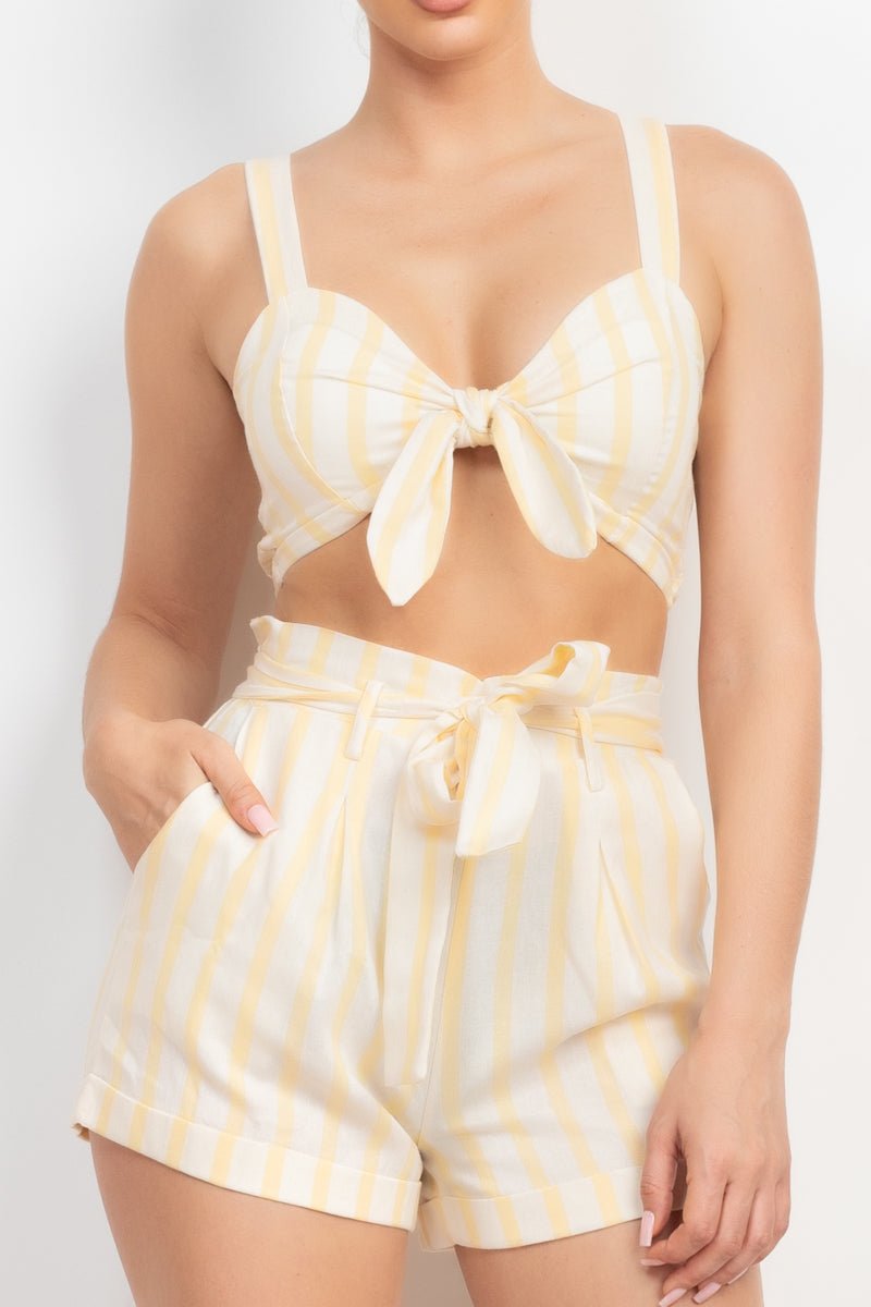 Tie-front Striped Crop Top & Belted Shorts Set - Passion 4 Fashion USA