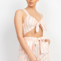 Tie-front Striped Crop Top & Belted Shorts Set - Passion 4 Fashion USA