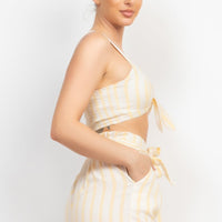 Tie-front Striped Crop Top & Belted Shorts Set - Passion 4 Fashion USA
