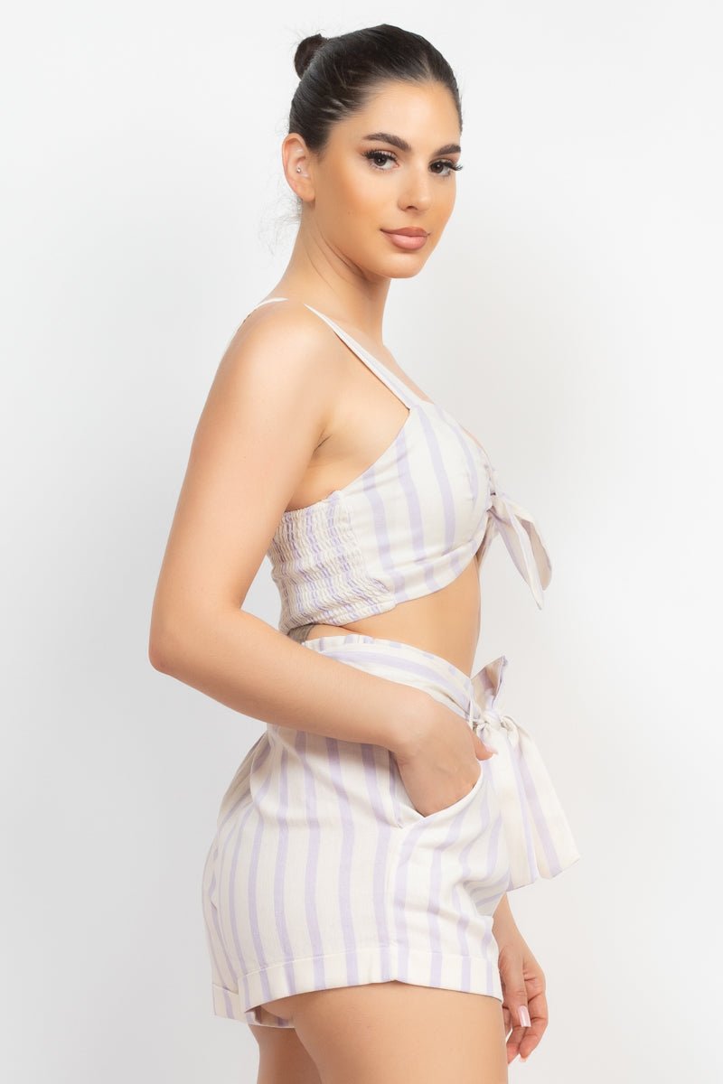 Tie-front Striped Crop Top & Belted Shorts Set - Passion 4 Fashion USA