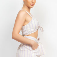 Tie-front Striped Crop Top & Belted Shorts Set - Passion 4 Fashion USA