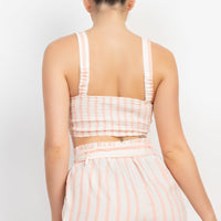 Tie-front Striped Crop Top & Belted Shorts Set - Passion 4 Fashion USA