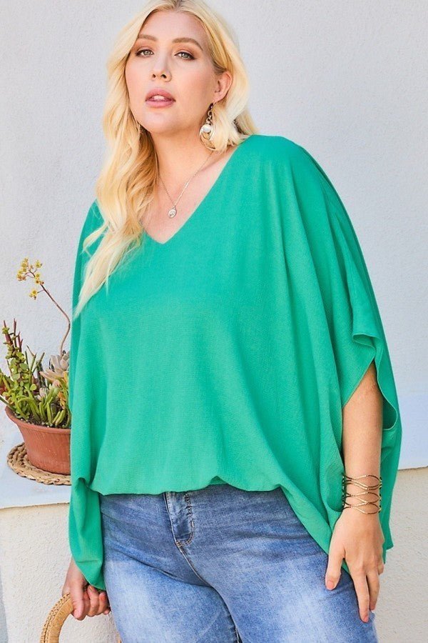 V Neck Dolman Sleeves Front Waist Elastic Solid Top - Passion 4 Fashion USA