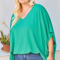 V Neck Dolman Sleeves Front Waist Elastic Solid Top - Passion 4 Fashion USA