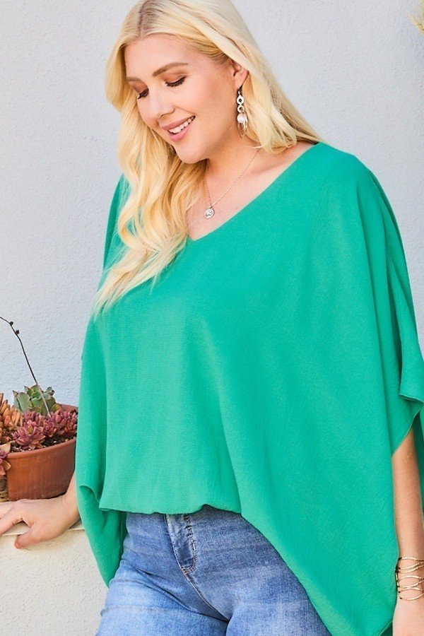 V Neck Dolman Sleeves Front Waist Elastic Solid Top - Passion 4 Fashion USA