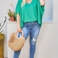 V Neck Dolman Sleeves Front Waist Elastic Solid Top - Passion 4 Fashion USA
