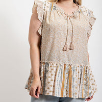 Woven Prints Mixed And Sleeveless Flutter Top With Tassel Tie - Passion 4 Fashion USA