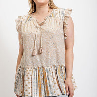 Woven Prints Mixed And Sleeveless Flutter Top With Tassel Tie - Passion 4 Fashion USA