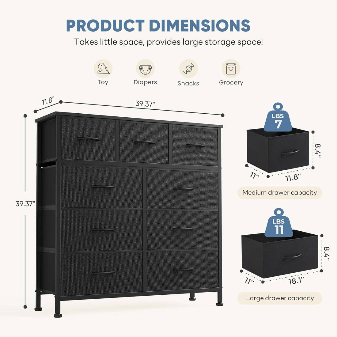 Matte Black Nine Drawer Dresser With Durable Fabric