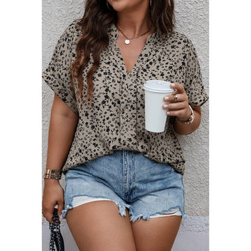 Plus Size Floral Notched V Neck Short Casual Blouse