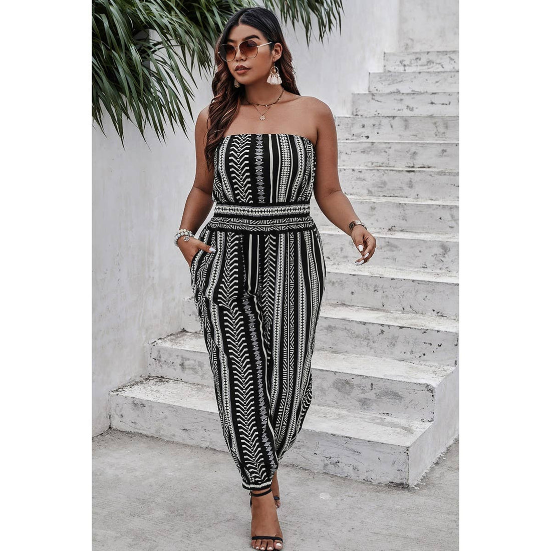 Plus Size Print Off Shoulder Sleeveless Jumpsuit