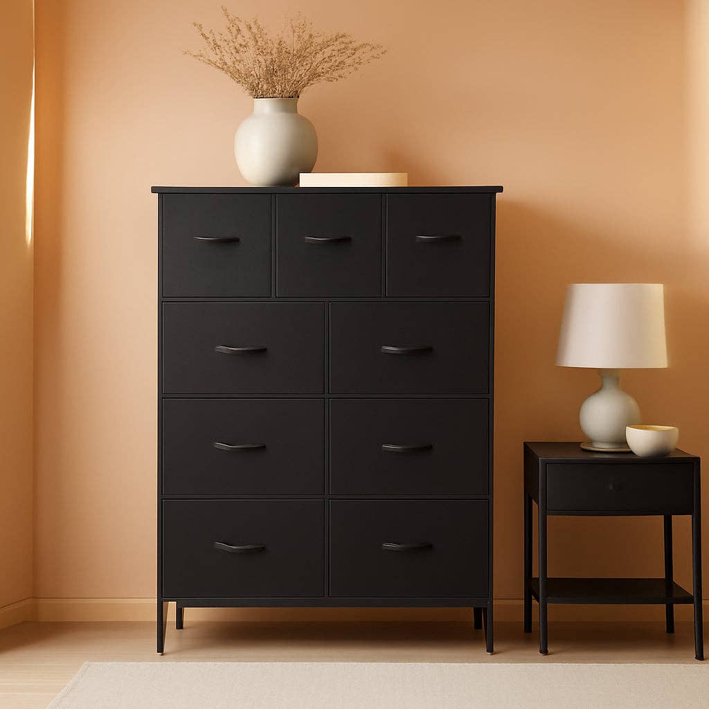 Matte Black Nine Drawer Dresser With Durable Fabric