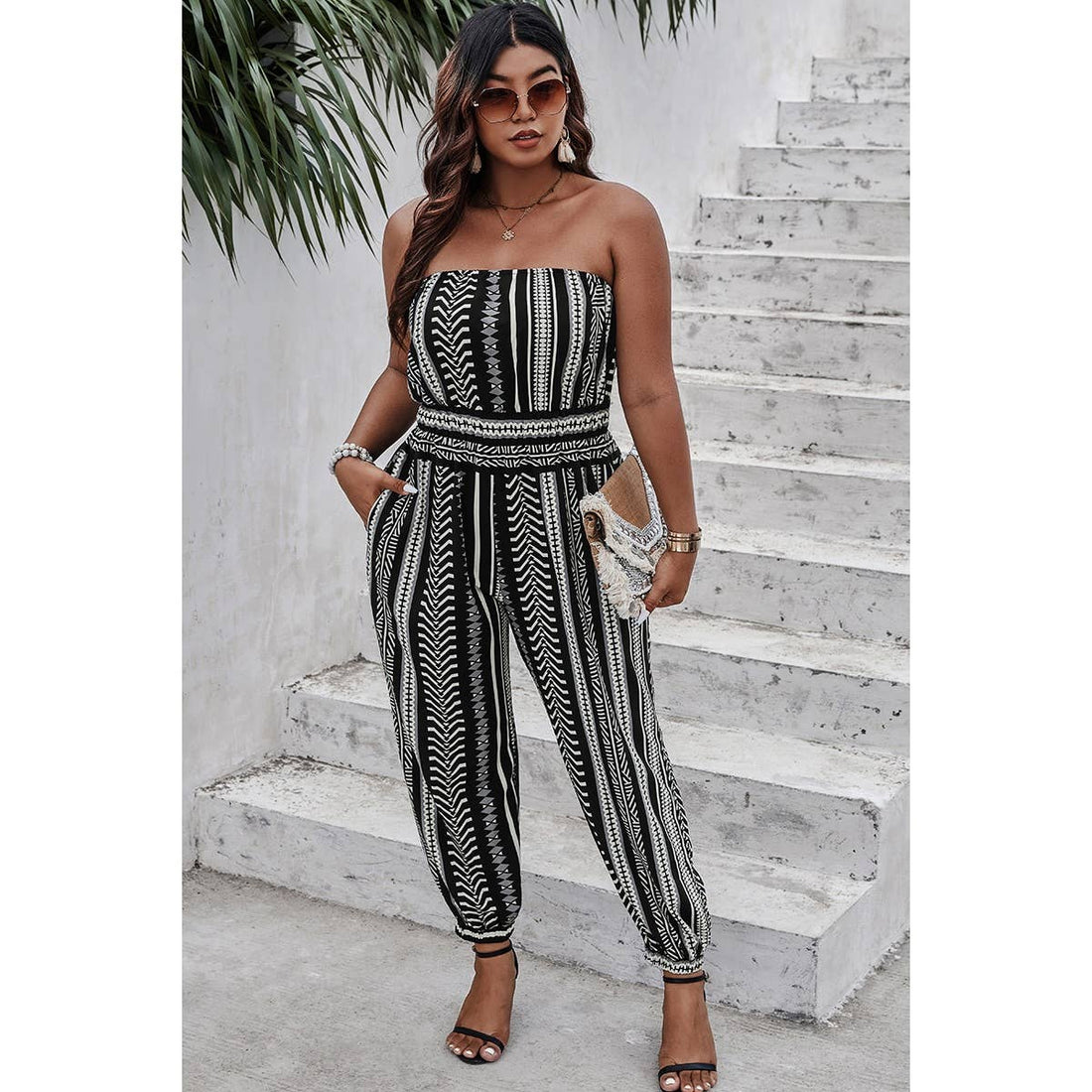 Plus Size Print Off Shoulder Sleeveless Jumpsuit