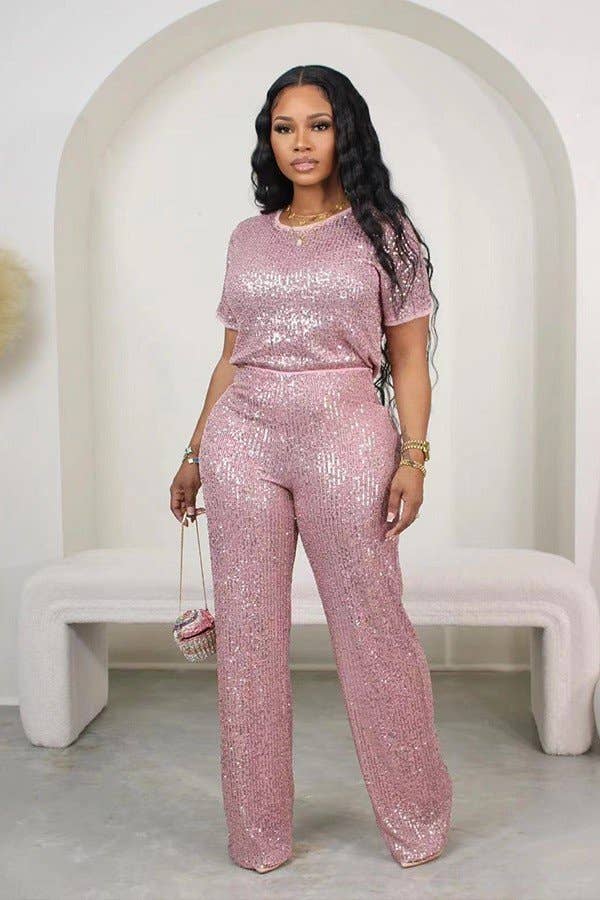 Sequin Short Sleeve Two-Piece Set