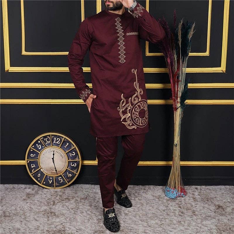 Men's Embroidered Casual Long Sleeve Long Pants Set