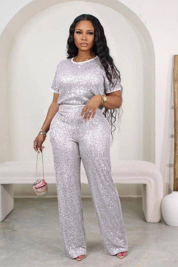 Sequin Short Sleeve Two-Piece Set