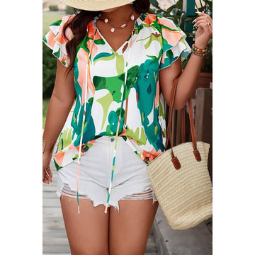 Plus Random Print Ruffled Sleeve Boho Blouse