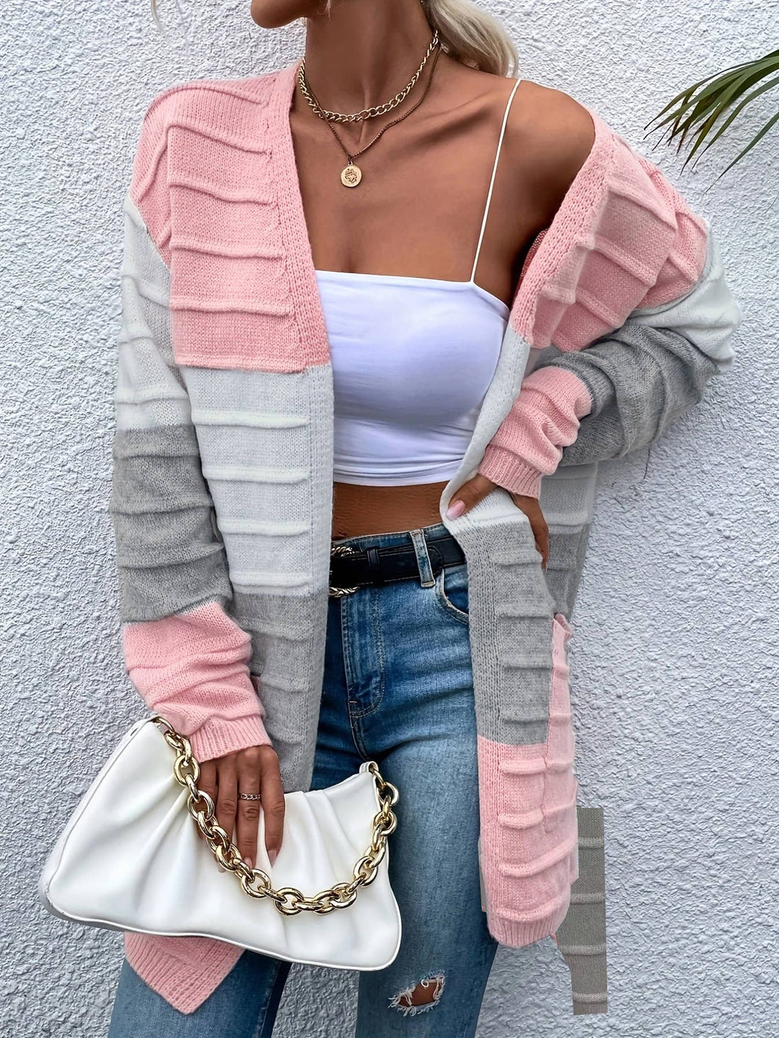 FASHION BIG POCKET COLOR MATCHING CARDIGAN