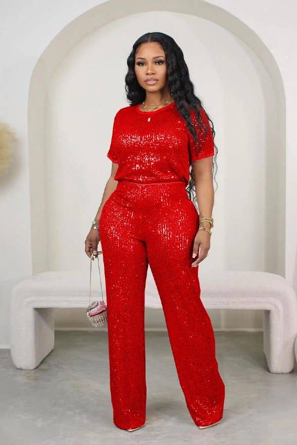 Sequin Short Sleeve Two-Piece Set