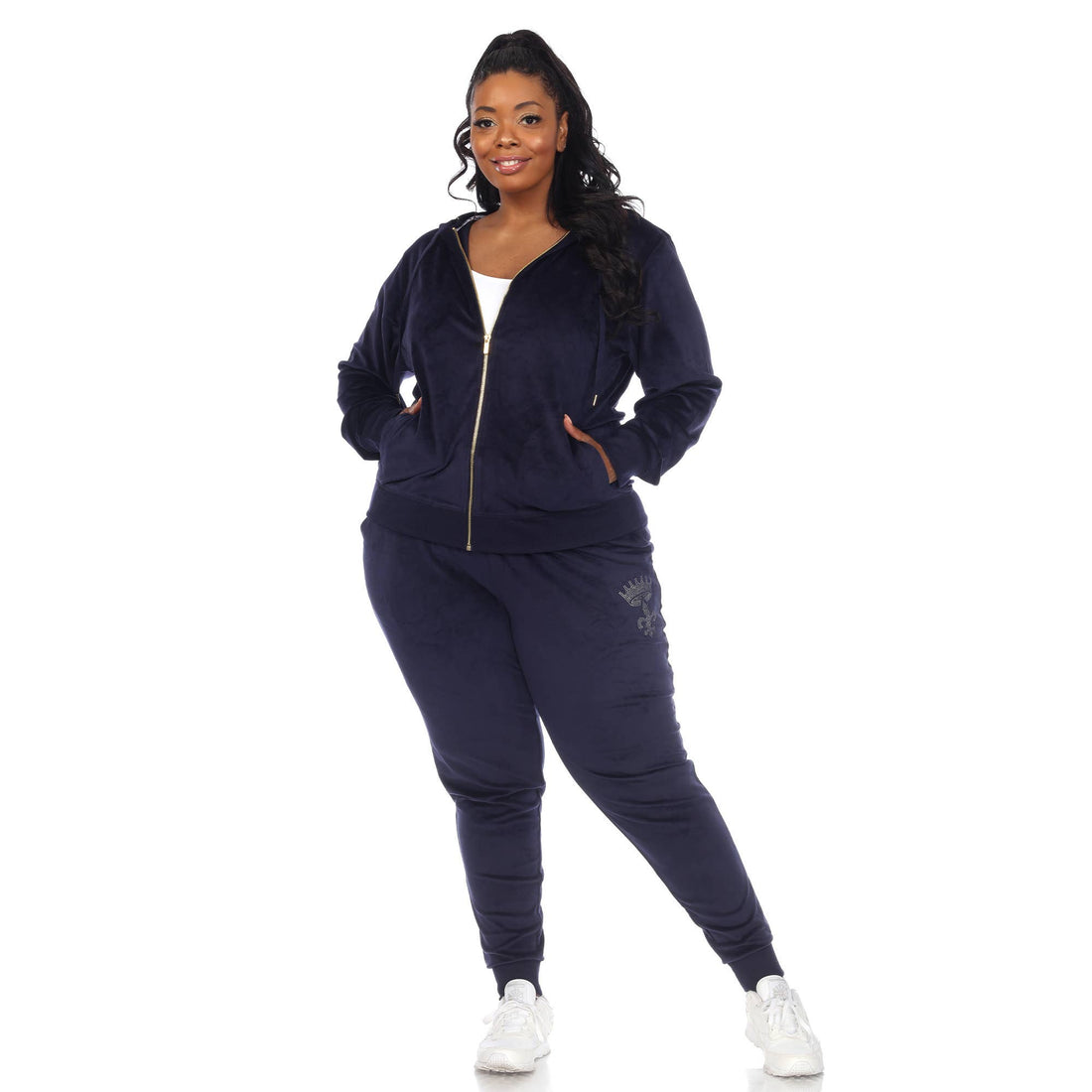 Plus Size Rhinestone 2 Piece Velour Tracksuit Set