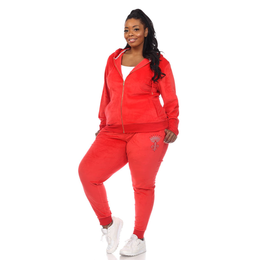 Plus Size Rhinestone 2 Piece Velour Tracksuit Set