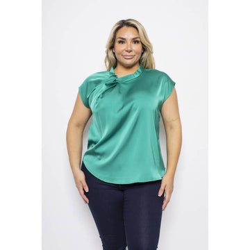 PLUS SIZE SATIN TWIST NECK DETAIL CAP SLEEVE BLOUSE