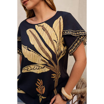Plus Tropical Print Ruffle Hem Sleeve Blouse