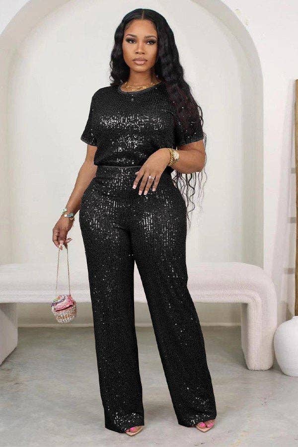 Sequin Short Sleeve Two-Piece Set