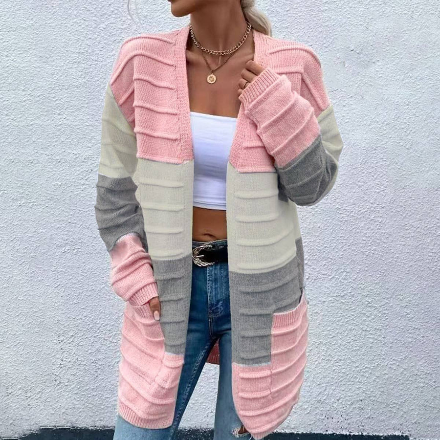 FASHION BIG POCKET COLOR MATCHING CARDIGAN