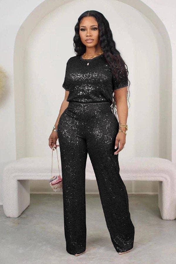 Sequin Short Sleeve Two-Piece Set