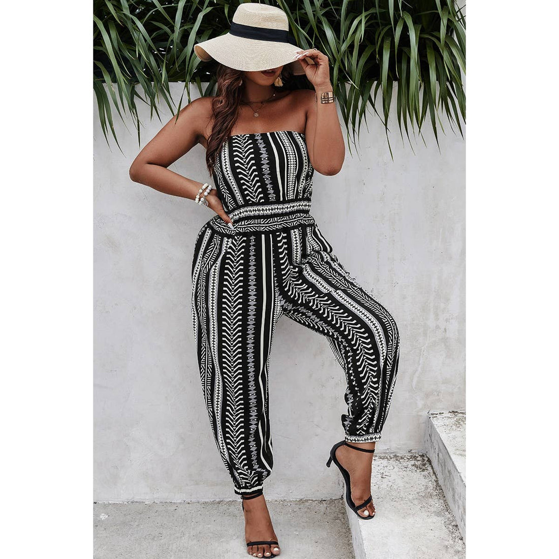 Plus Size Print Off Shoulder Sleeveless Jumpsuit