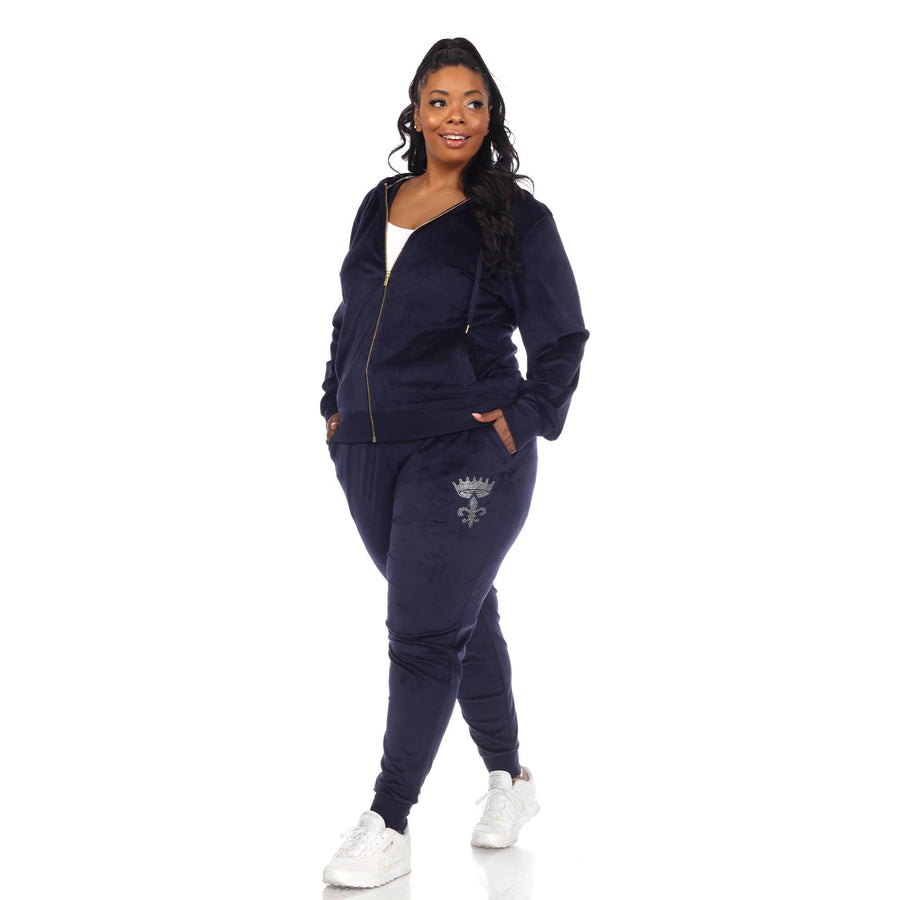 Plus Size Rhinestone 2 Piece Velour Tracksuit Set