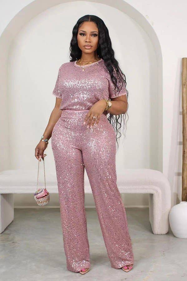 Sequin Short Sleeve Two-Piece Set