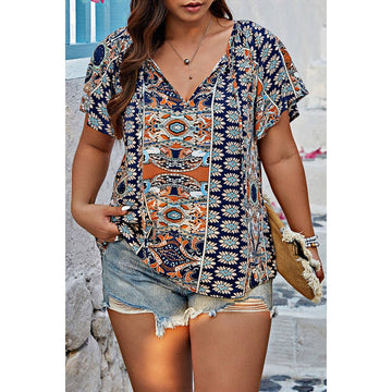 Plus Size Allover Printed Tie Front Short Sleeve Blouse