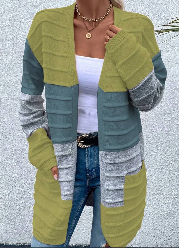 FASHION BIG POCKET COLOR MATCHING CARDIGAN