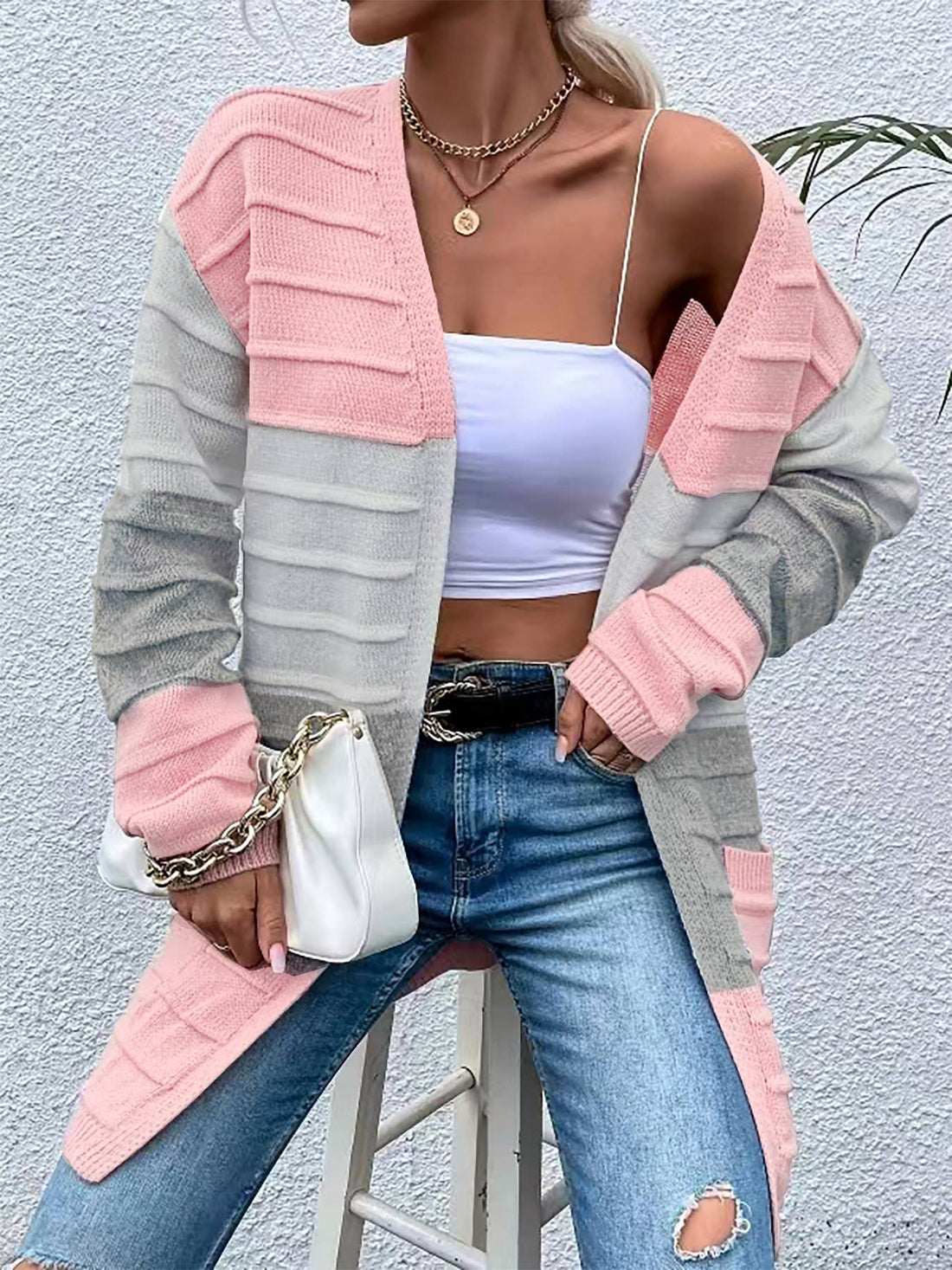 FASHION BIG POCKET COLOR MATCHING CARDIGAN