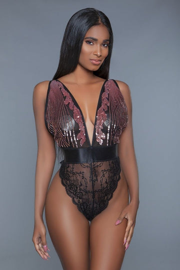 1 Pc. Cut-out Lace Bottoms With Raspberry-pink Sequins Plunging Sheer Neckline - Passion 4 Fashion USA