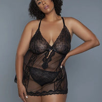 2 Pc Unlined Lace Cups Babydoll Sheer Mesh And Lace Front Panels Design - Passion 4 Fashion USA
