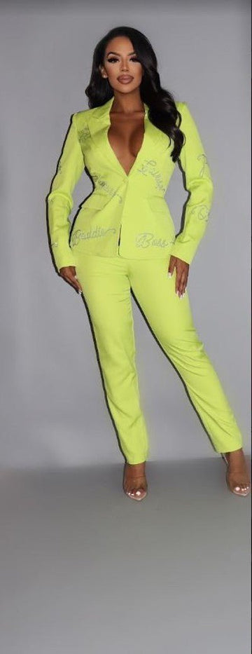 2 Piece Powersuit Blazer & Pants Set With Rhinestone Letterings On Blazer - Passion 4 Fashion USA