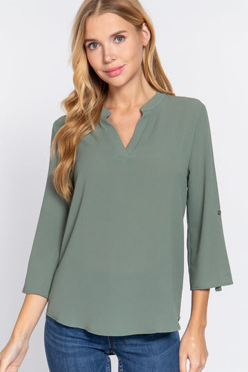 3/4 Roll Up Slv Woven Blouse - Passion 4 Fashion USA