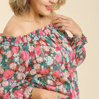 Sheer Floral Print Metallic Threading Long Sleeve Off Shoulder Top With High Low Hem